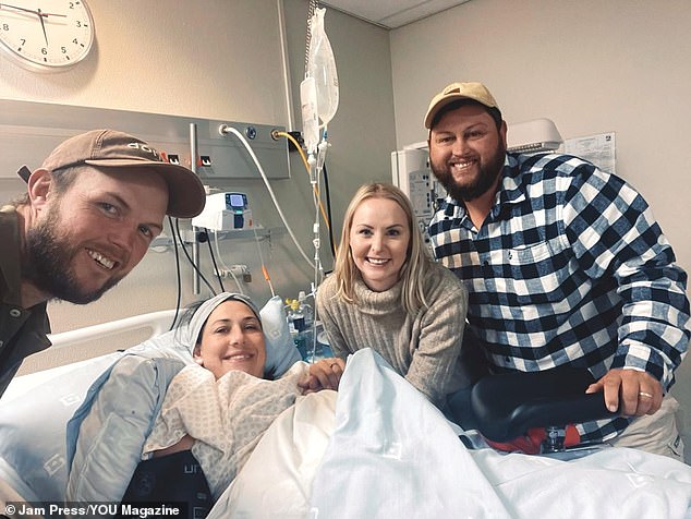 As part of Mrs. Cronjé's treatment, the speech therapist was given hormone medication, which drastically reduced her chances of ever becoming pregnant. Pictured: Mrs. Cronjé, her husband Roché, with Karla Steenekamp and Tjaart after the birth of Jack