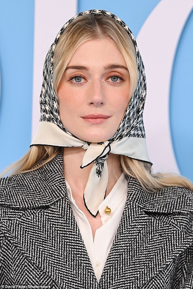 The 34-year-old Crown star completed the look with a black-and-white checkered headscarf and some subtle warm eyeshadow