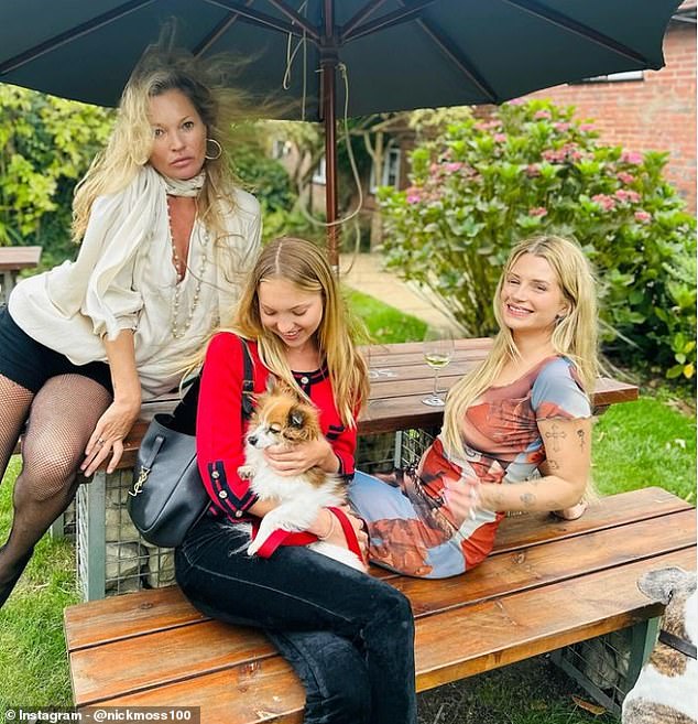 Kate and her daughter Lila Moss, 21, have rekindled their ties with Kate's half-sister Lottie Moss, 26, after three years of feuding (all pictured at patriarch Peter's 80th birthday party in August).