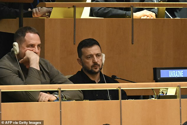 Ukrainian President Volodymyr Zelensky listens to Biden's speech at the UN