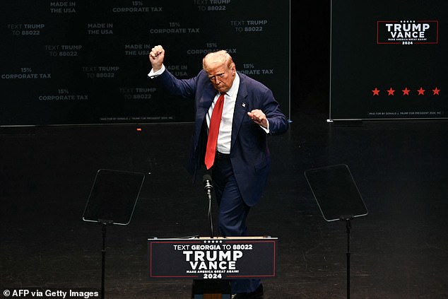 Former President Donald Trump dances at The Village People's YMCA at the end of his 82-minute speech in Savannah, Georgia on Tuesday. Trump touched on several economic proposals, but also discussed his feud with Oprah Winfrey and exploding hydrogen cars