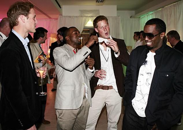 The royals were photographed enjoying an event with Diddy and Kanye West in 2007