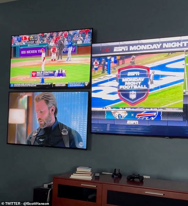 This is just half of Hanson's five-screen setup, with a 70-inch TV front and center