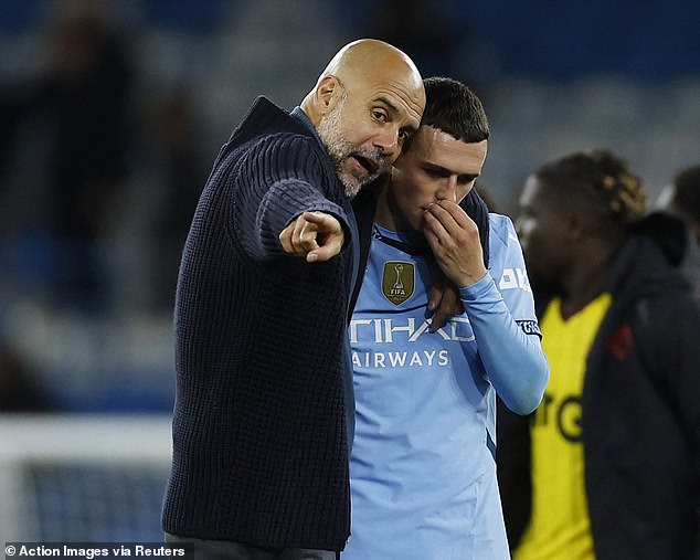 Guardiola used his hands to point and gesture as he gave tactical advice to Foden