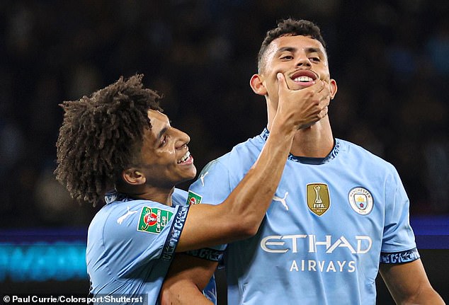 It was the Portuguese's (right) first goal for City in 34 games since his £53million move from Wolves