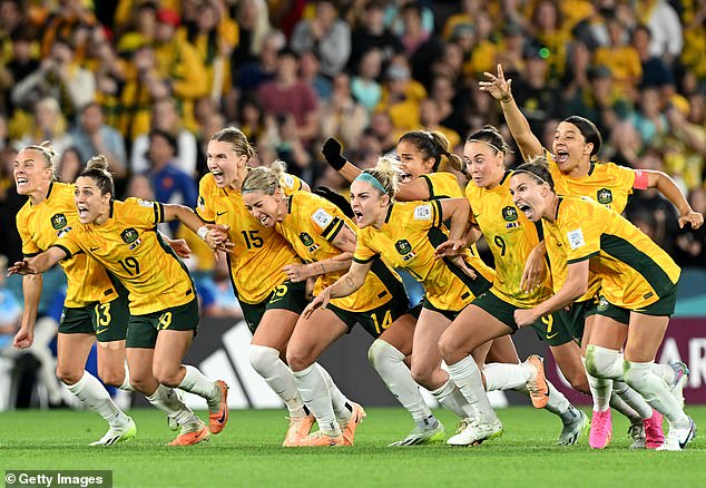 The mural was based on this famous photo of the Matildas as they beat France on penalties at the World Cup last August.