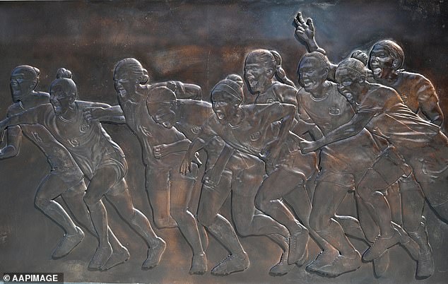 The Matildas' bronze mural features (left to right) Tameka Yallop, Katrina Gorry, Clare Hunt, Alanna Kennedy, Ellie Carpenter, Mary Fowler, Caitlin Foord, Sam Kerr and Steph Catley