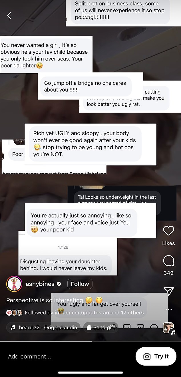 In a reel shared on the social media platform, the Queensland health guru shared a collection of hateful messages she received after posting about her travels with her son