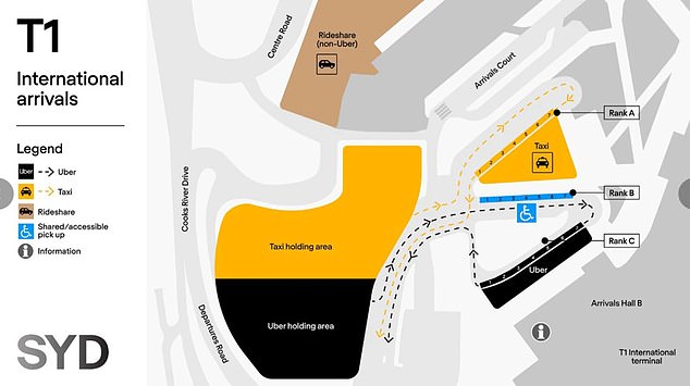 Pictured is a map of Sydney Airport's pick-up area showing the new Uber zone