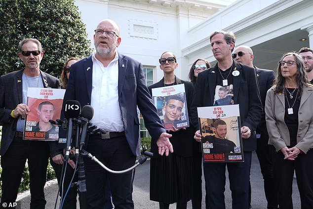 At least seven Americans are believed to be still in captivity. Three of them may already be dead. President Biden has declined to name them. (Above) Jonathan Dekel-Chen, father of American hostage Sagui Dekel-Chen, and other families of hostages in Gaza outside the White House on April 9, 2024