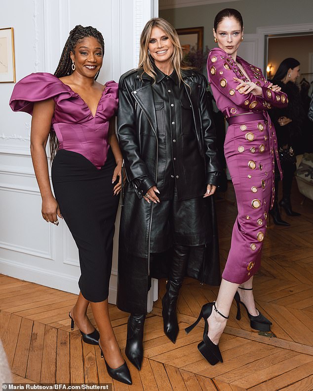 The 51-year-old supermodel looked stunning in a leather outfit as she joined Coco Rocha and Tiffany Haddish at the fashion event