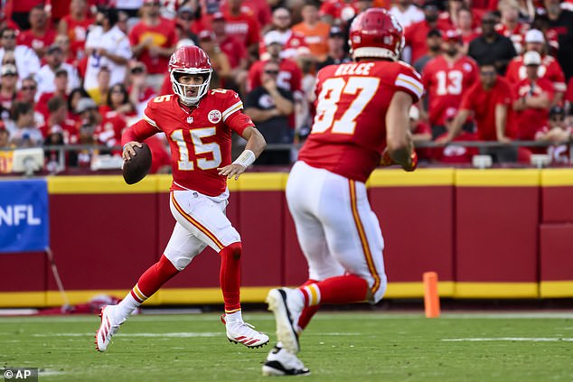 Kelce spoke about the confidence he has in his quarterback and best friend Patrick Mahomes (left)