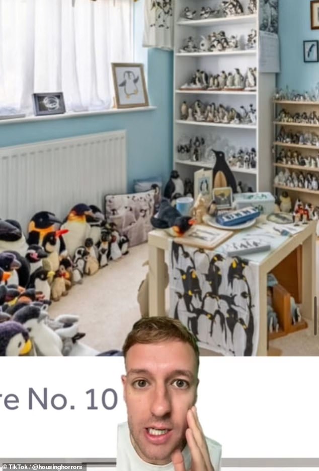 On TikTok, the page @housinghorrors reacted in shock to the surprising room, exclaiming: 'Oh my god, I've never seen so many penguins in my entire life