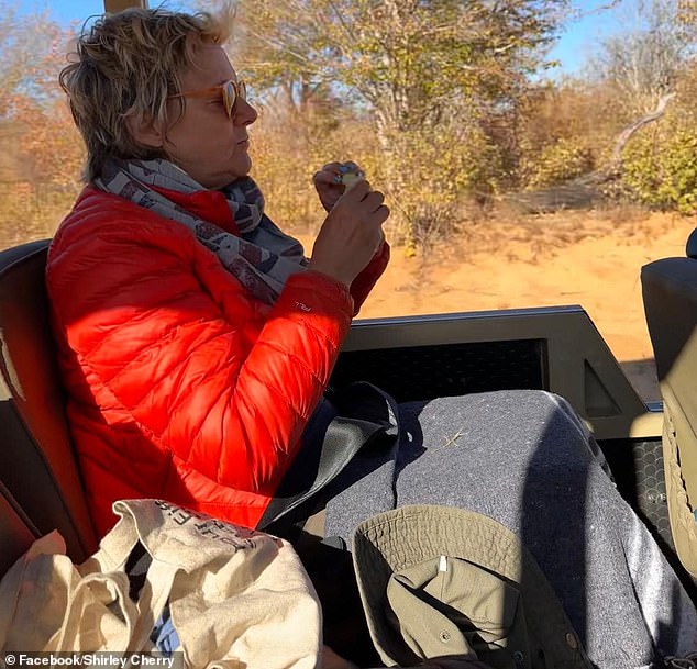 The attack took place during the third week of the Cherrys' dream holiday in southern Africa in June (Shirley is pictured above during the safari holiday)