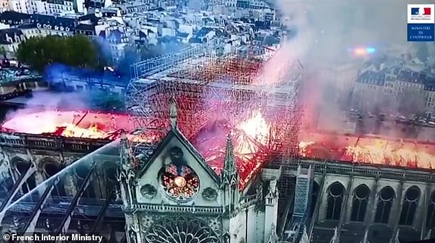 Drone footage from the French Ministry of the Interior showed the destruction of the cathedral's centuries-old wooden roof