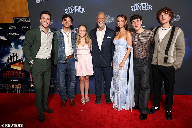 (L-R) Henrie posed with cast members Noah Cottrell, Abby James Witherspoon, Gibson, Lilah Pate, Julian Lerner and Mason Thames at the event