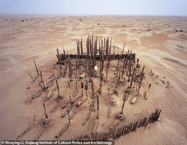 Pictured: An aerial view of Xiaohe Cemetery, where the mummies were found