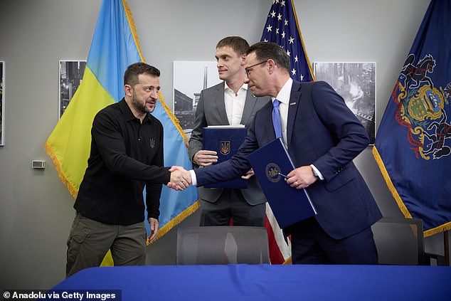 Zelensky and Shapiro shake hands. Shapiro was seen as a leading candidate for Vice President Kamala Harris' running mate for president before she chose Minnesota Gov. Tim Walz