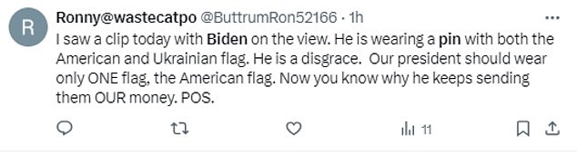 Many viewers were angry about Biden's choice of a pin, accusing the president of putting foreign interests above America's