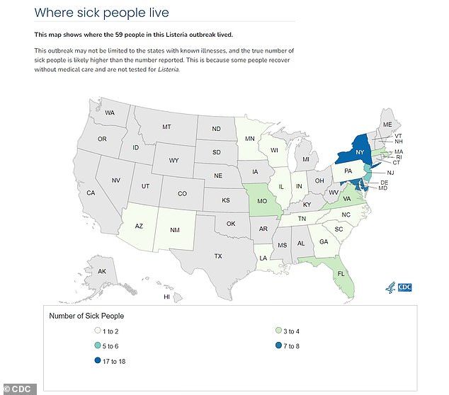 The map above shows the states where illnesses linked to the listeria outbreak in processed meats have been reported