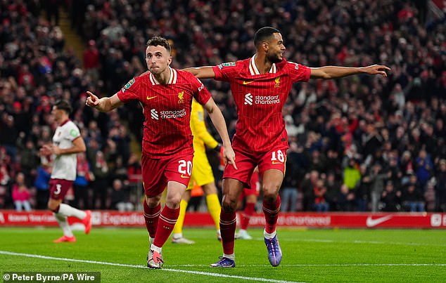 Diogo Jota (left) and Cody Gakpo (right) both scored twice for the Reds on Wednesday night