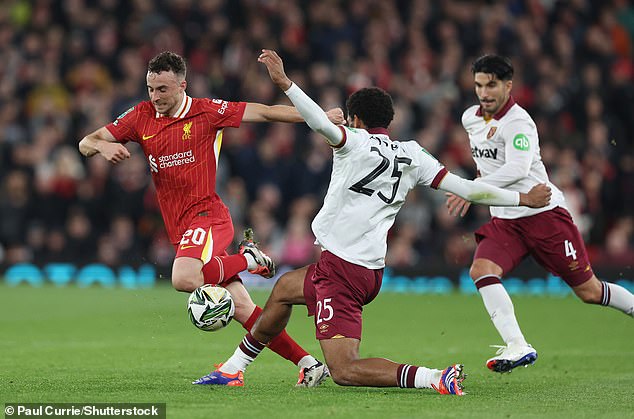 West Ham No. 25 Jean-Clair Todibo, a summer signing from Nice, pictured challenging Jota