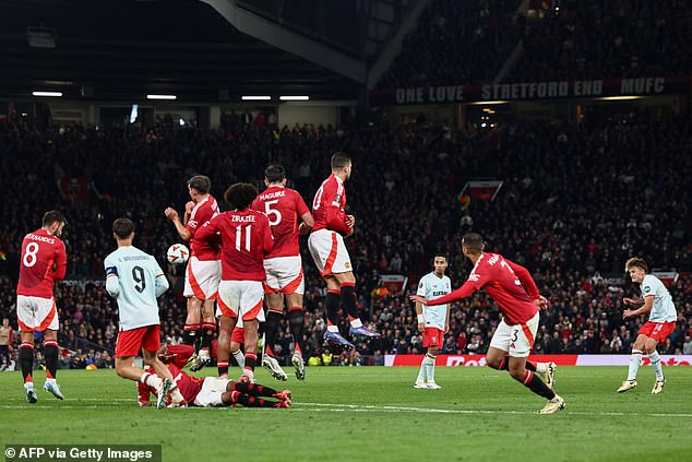 Sem Steijn (right) forced Andre Onana to tip his curved free kick around the post