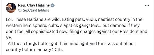 The lawmaker posted, and later deleted, a message repeating Trump's false claim that Haitian immigrants have eaten their neighbors' pets and urging them to leave the country