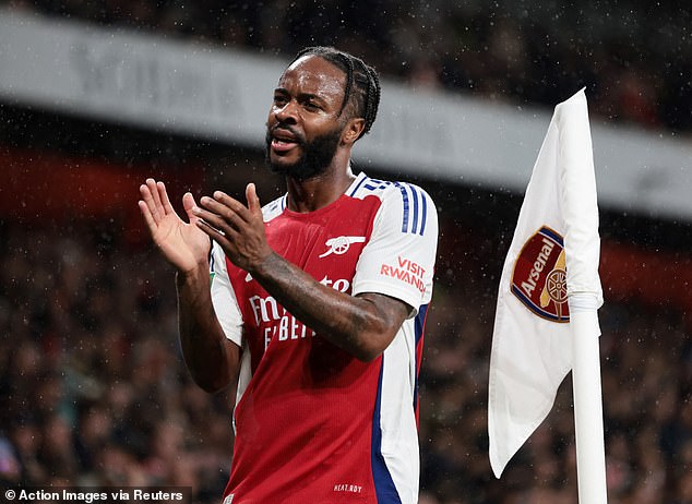 Sterling is pictured cheering on Arsenal supporters as he leaves the field in the 64th minute