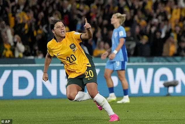 Kerr (pictured, playing for the Matildas at the 2023 World Cup) was locked in a cell at a London police station on the night she allegedly racially intimidated a police officer in January 2023