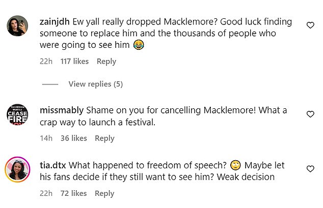 Feedback on Macklemore's removal from the free music festival sparked some social media users who were critical of the decision