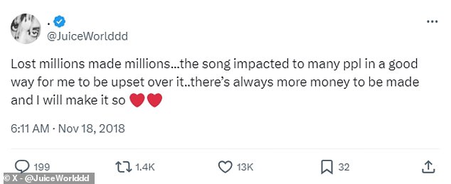 Juice WRLD wrote after the dispute that he was pleased with the impact the song had had and stated that there were more opportunities to make money elsewhere