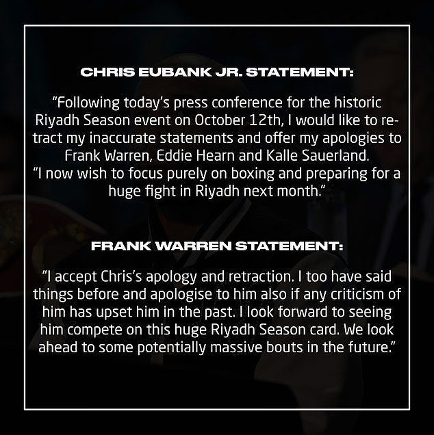 Eubank Jr. later released a statement retracting his comments and Warren accepted his apology