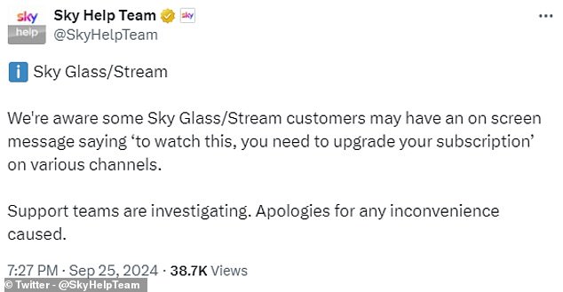 Sky's Help Team confirmed the outage on X (formerly Twitter) last night, but it has not yet been resolved