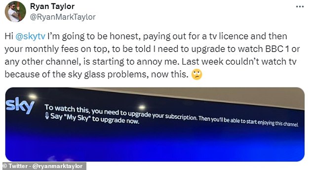 'Hi SkyTV, I'll be honest. I pay for a TV licence and then the monthly fee and then they tell me I have to upgrade to watch BBC 1 or any other channel. It's starting to annoy me,' wrote one user. 'Last week I couldn't watch TV because of the Sky glass issues, now this'