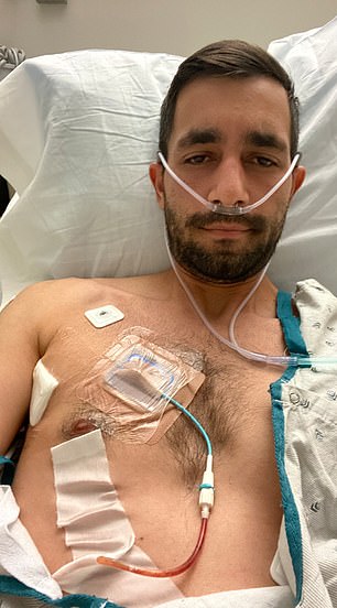 Joe Faratzis, now 34, pictured in hospital during his treatment