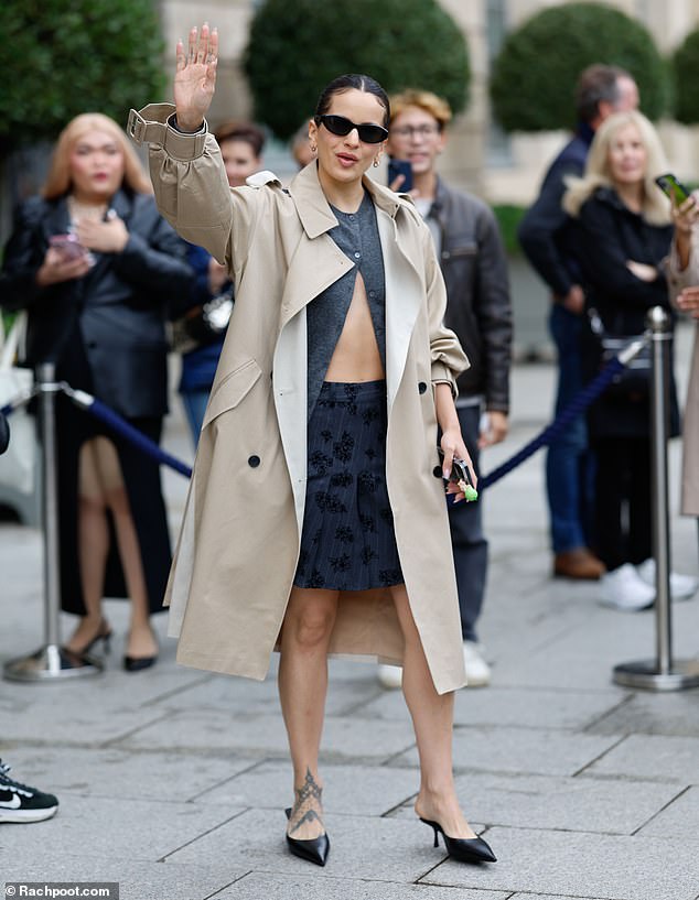 The Spanish singer looked stunning as she went braless under an open gray cardigan and matching pleated mini skirt