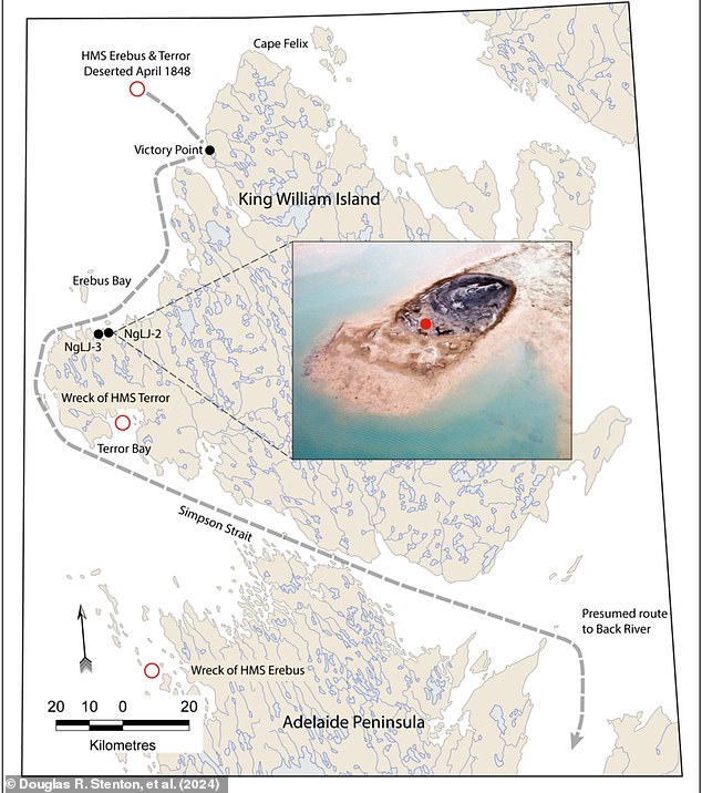 Captain Fitzjames' remains were found at a location called NgLJ-2, south of Victory Point, where the decision was made to abandon ships