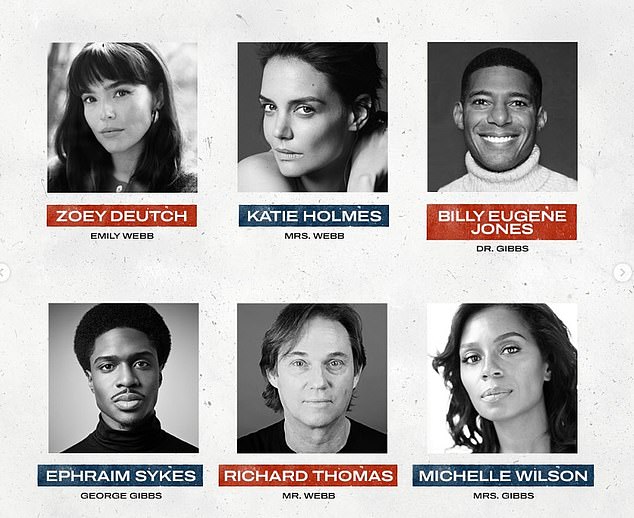 The revival features a total of 28 actors, including Holmes, Jim Parsons, Zoey Deutch, Ephraim Sykes, Julie Halston and Michelle Wilson