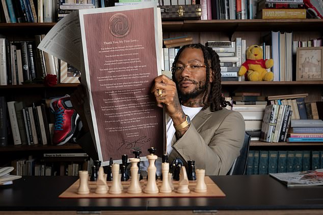 Rose posed with a newspaper and sat at a chess table for the announcement of his retirement