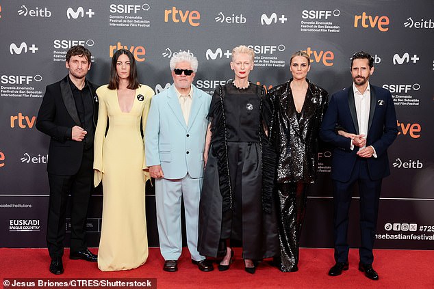 Tilda and the film's cast also showed their support for Gaza with matching badges (LR Raul Arevalo, Vicky Luengo, director Pedro Almodovar, Melina Matthews and Juan Diego Botto)