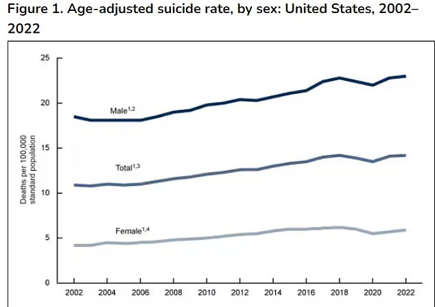 The above graph shows suicide rates in the US over time. It highlights that rates among men are three to four times higher than those among women