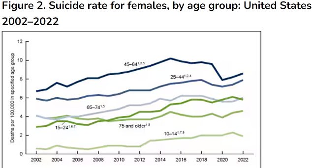 The above shows suicide rates by age group over time among American women