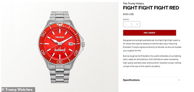 A watch in red 'Fight Fight Fight' refers to what Trump shouted at the crowd after the first assassination attempt in Butler, Pennsylvania. It is advertised as water resistant