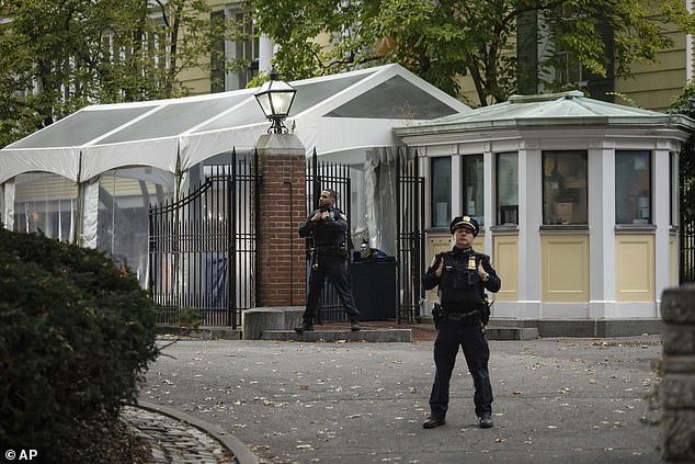 An NYPD officer stands outside Gracie Mansion, the official residence of New York City Mayor Eric Adams, on Thursday