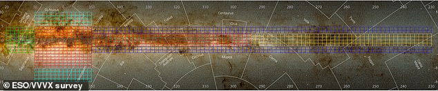 This latest map covers an area equivalent to 8,600 Full Moons. This diagram shows the area covered by the latest survey covered by the map. The red areas show areas covered by the previous largest observation project