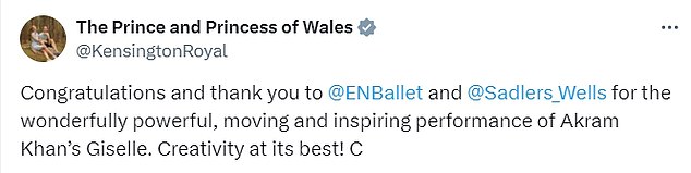 The Princess of Wales has revealed she attended a ballet performance in Sadler's Wells, London this evening and hailed the 'beautiful' performance in a post on X/Twitter