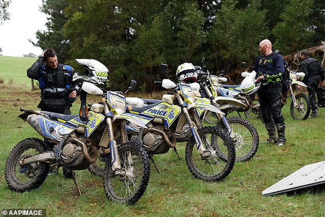 Police searched on trail bikes for the remains of Samantha Murphy, who disappeared without a trace after a run last summer in Ballarat, Victoria