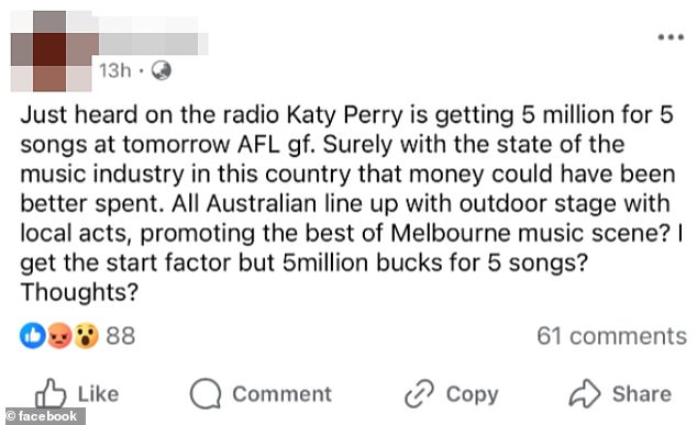 A Melbourne artist took to Facebook on Thursday to criticize the sporting event for dropping millions in international talent while local musicians struggle to get gigs.