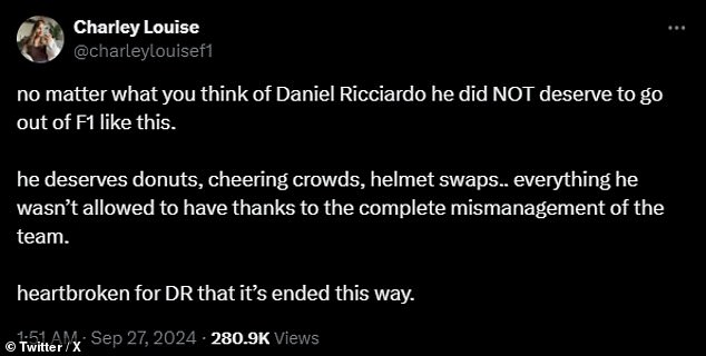 The fact that Ricciardo was dropped with five races remaining in the championship, denying him a fitting farewell, left many F1 fans shattered